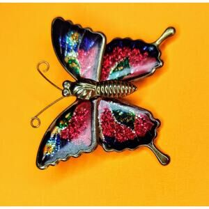 Enameled Butterfly Pin Gold Tone Jewelry Brooch Glitter Sparkle Bug Red Insect 2